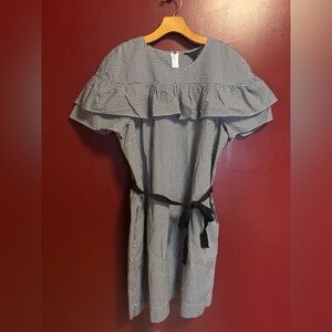 J. Crew Gingham Ruffle Dress‎ Women’s 16 Black White Tie Waist Mini Preppy Twee